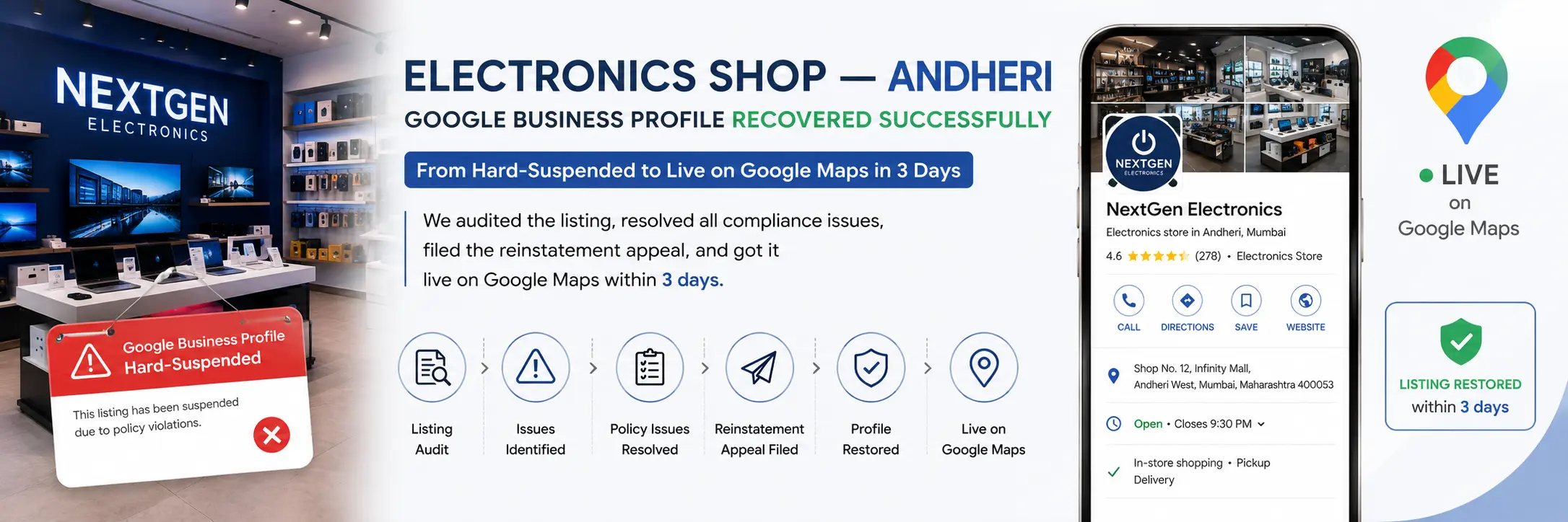 GMB Suspended Listing Fix for Electronics Shop Andheri Mumbai by BC Designs — Restored in 3 Days